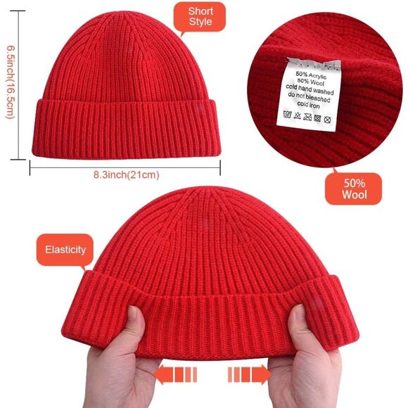 Short Fisherman Beanie - Soft Wool & Acrylic Knitted Cap for Winter Warmth - Picture 4 of 6